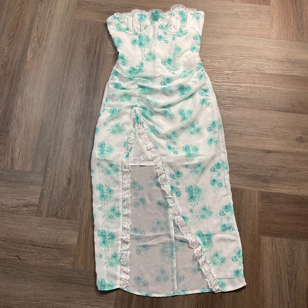 Finesse Floral Bustier Victorian Lace Garden‎ Chiffon Dress Womens XS White Teal